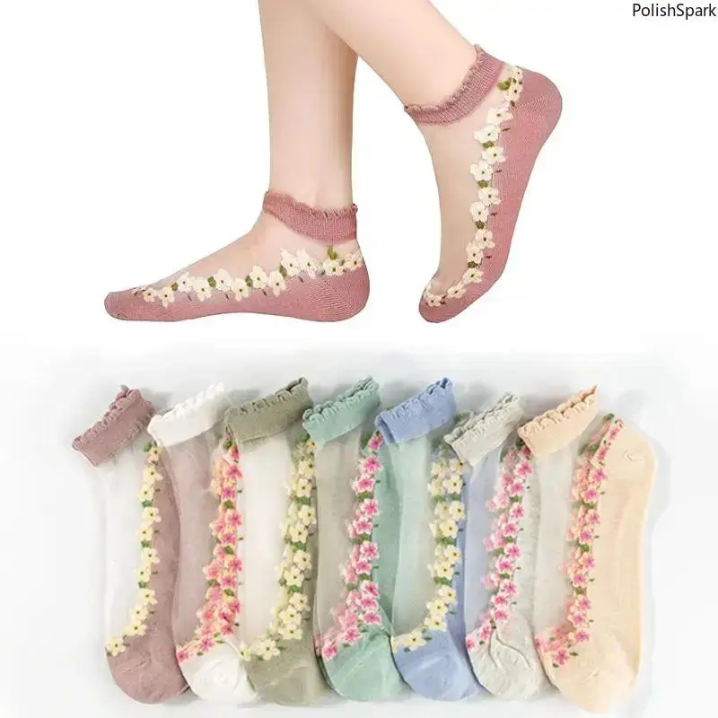 Women's Sheer Ruffled Floral Lace Ankle Socks 7-Pair Pack - Breathable Cotton Sole, Lightweight, Stretchy, Feminine Style, Mesh Ice Silk Fabric, Comfortable Fit for Casual Daily Wear, Mother's Day Gift Option