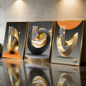 3Pcs Aluminum Alloy Framed Painting, Abstract Gold Geometric Sculpture Picture, Home Decoration For Living Room, Bedroom, OfficeWall Decor, Odorless Print Artwork, Luxury Perfect Gift For Friends And Family
