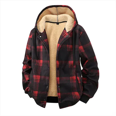 Men's Red and Black Plaid Fleece-Lined Hooded Jacket - Menswear, Fitted Athletic Casual Long Sleeve Top with Fleece-Lined Warmth for Cool Weather