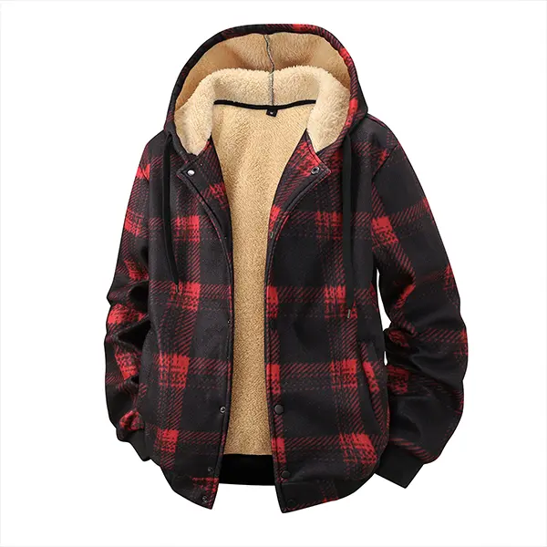 Men's Red and Black Plaid Fleece-Lined Hooded Jacket - Menswear, Fitted Athletic Casual Long Sleeve Top with Fleece-Lined Warmth for Cool Weather