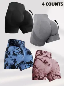 Women's Solid & Tie Dye Print Gym Shorts, Soft Comfy Breathable High Stretch Seamless Yoga Shorts, Ladies Sportswear for Gym Workout Running, Clothing