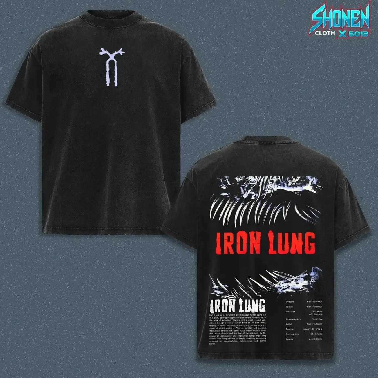Iron Lung Movie Vintage Wash Top, Markiplier David Szymanski Horror Game Graphic Boxy Fit Heavyweight Cotton Garment, Sun Faded Charcoal Streetwear Clothing ECN