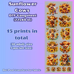 G39 Sunflower Cows DTF Gang Sheets for shirts
