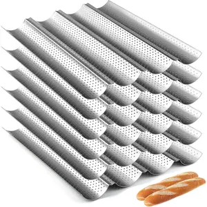 6 Pcs Baguette Bread Pan Nonstick Perforated Baguette Pan 15" x 13" Carbon Steel Mold 4 Wave Loaves Loaf Oven Tray for Sourdough French Bread Baking(Silver)