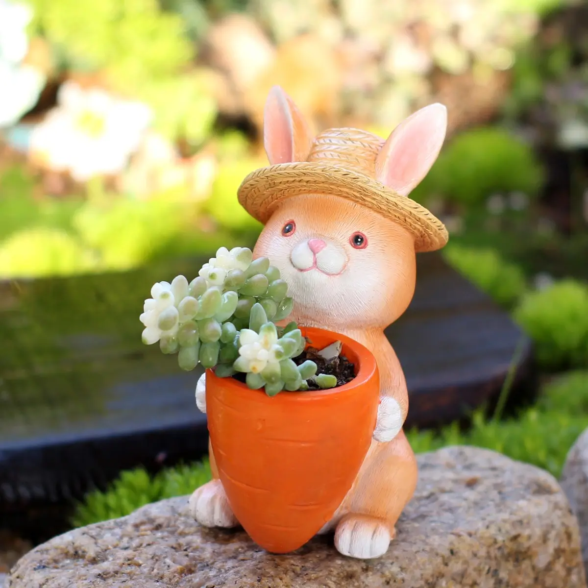 Resin Rabbit Statue with Carrot-Shaped Planter, Collectible Figurine, 5 Inch Garden Ornament, Perfect Gift for Gardening Enthusiasts