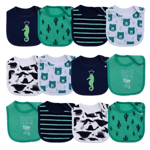 12 Pack Waterproof Baby Bibs for Boys & Girls, Adjustable Snap Feeding Bibs with Cute Cartoon Prints, Soft Drool & Teething Bibs for Infants, All Seasons bibs Organic Cotton Set