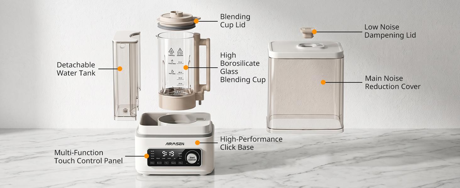 AIRMSEN 9-IN-1 Hot & Cold Professional Countertop Blender, 1200W+500W High Power, Independent Water Supply & Steam Heating, 51 Oz Multifunctional Juice & Food Blender for Shakes, Stainless Steel Blades for Nuts/Frozen Items, Countertop Blenders
