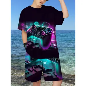 Summer Handle Fashion Casual Top T-Shirt Set Round Neck Short-Sleeved T-Shirt Set Game Handle with Colorful Paint Glare Graphic T-Shirt Set Top for Outdoor