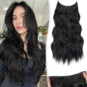 Invisible Wire Synthetic Hair Extensions 24 Inch Clip-On Long Wavy Hairpiece for Women Black Secure