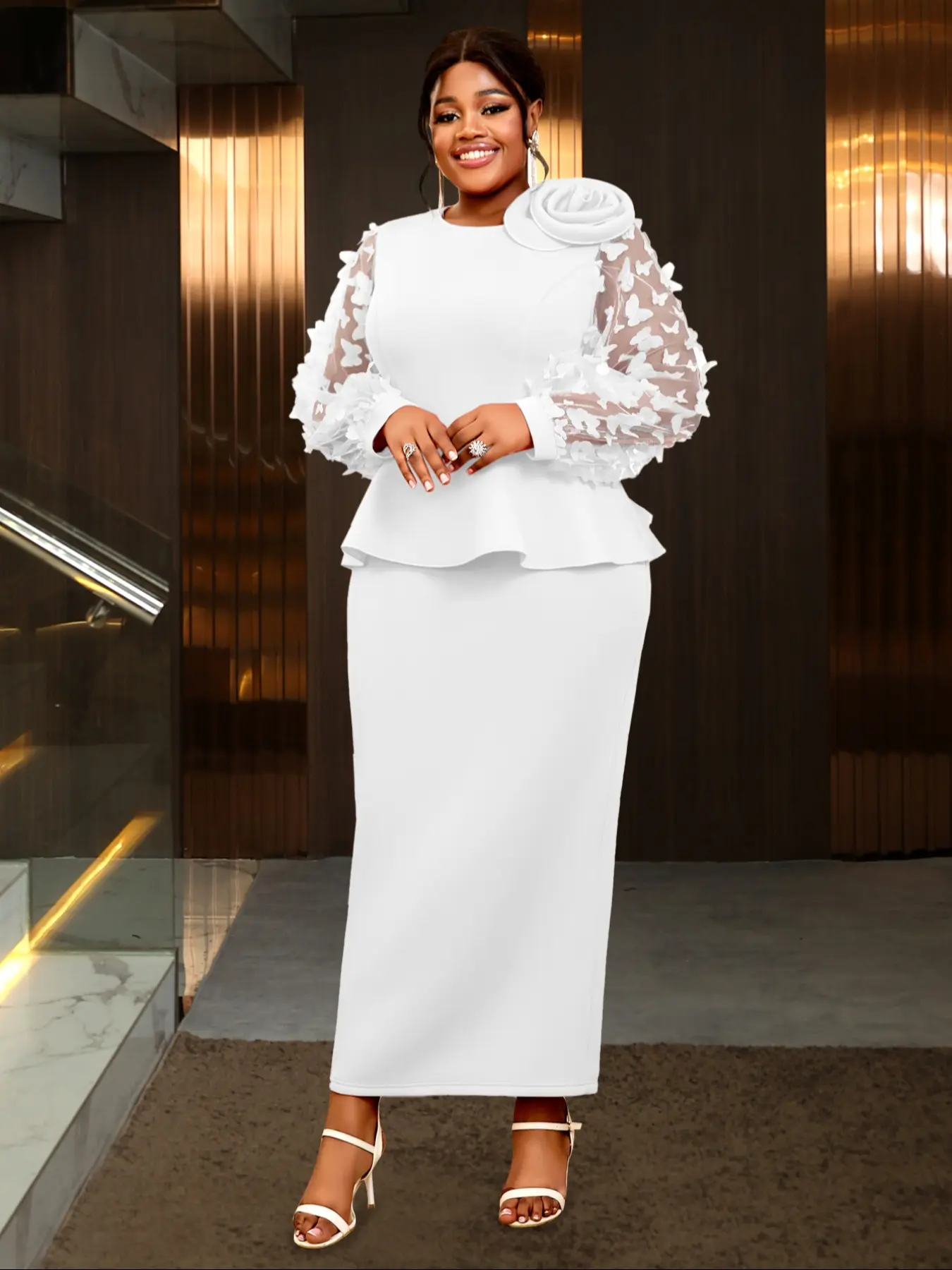 Elegant Feminine Chic Plus Size Fit Long Sleeve Lantern Sleeve Ruffle Hem Dress, High Waist Formal Party Gown for European Style Events, Fashionable Women's Clothing