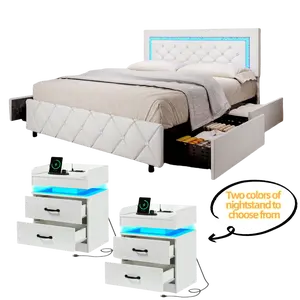HOMBCK Diamond Led Bed Frame with Nightstand Set, No Mattress, with Storage Drawers, Faux Leather, No Box Spring Required, Easy Assembly