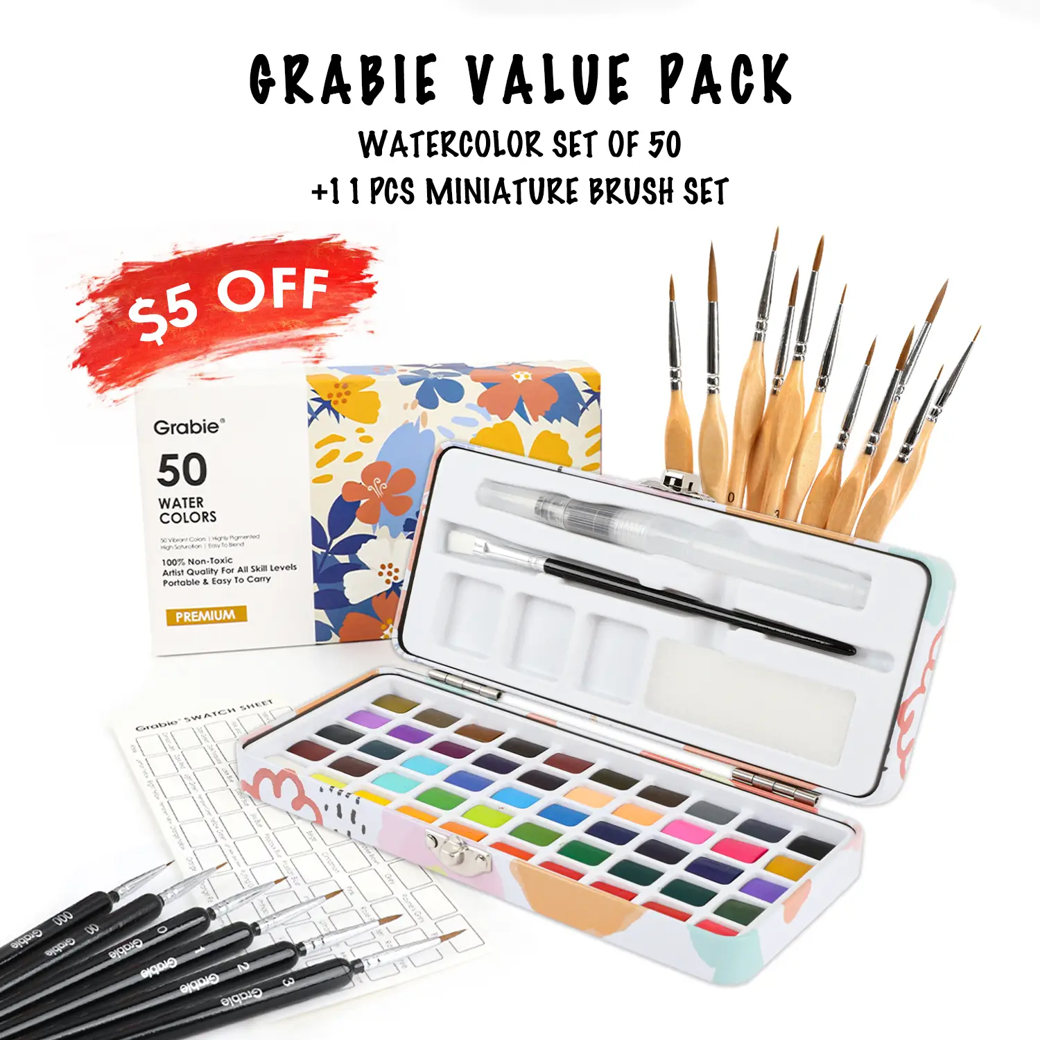Grabie Value Pack - Watercolor Set of 50 + 11 Pcs Miniature Brush Set