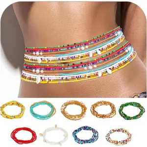9 Pcs Body Chain for Women, Summer Layered Elastic Waist Beads for Beach Bikini, African Colorful Stretch Belly Chain, Mothers Day Jewelry Accessories Gifts for Mom