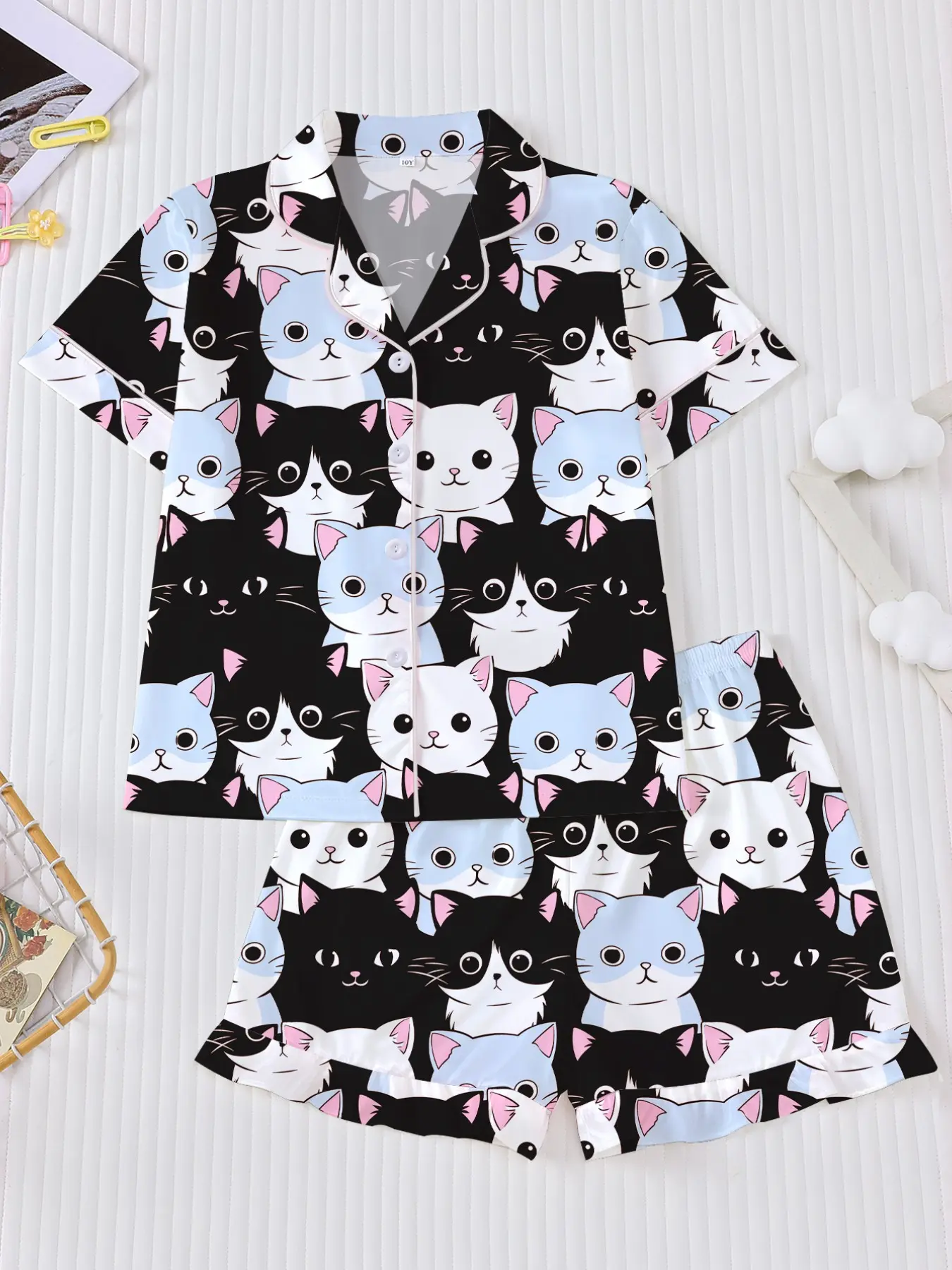 Cute Cartoon Cat Kids Collared Pajama Set, Full Print Animal Print Sleepwear, Fitted Short Sleeve Shirt & Loose Shorts, All Seasons Home Wear