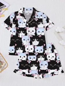 Cute Cartoon Cat Kids Pajama Set, Full Print Animal Print Sleepwear, Fitted Short Sleeve Shirt & Loose Shorts, All Seasons Home Wear, Pajama Lounge Sets