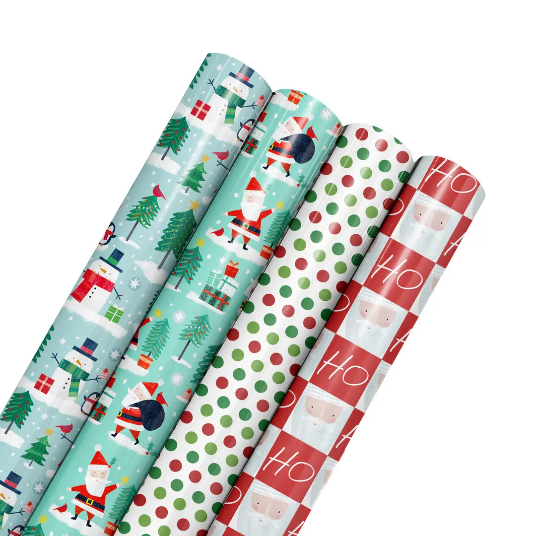 Reversible Wrapping Paper Bundle (4-Pack, 30" x 10'), Wrappingpaper for Gift Wrapping, Unique Rolls with Festive Winter Friends Themes & Smooth Paper, Festive Themes