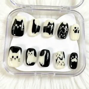 10pcs Short Square Press on Nails Cow Print Black White Comic Cat Design Y2K False Nails Cut Nails | Spring Summer Nails False Nail Reusable Easy to Wear for Parties, Daily & Dancing, Nail Kit, Nail Art Tool