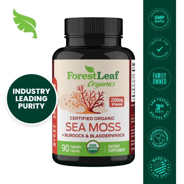 ForestLeaf Organic Irish Sea Moss + Bladderwrack & Burdock Root - Pure High Concentration Superfood for Digestive, Respiratory & Thyroid health-90 Cap