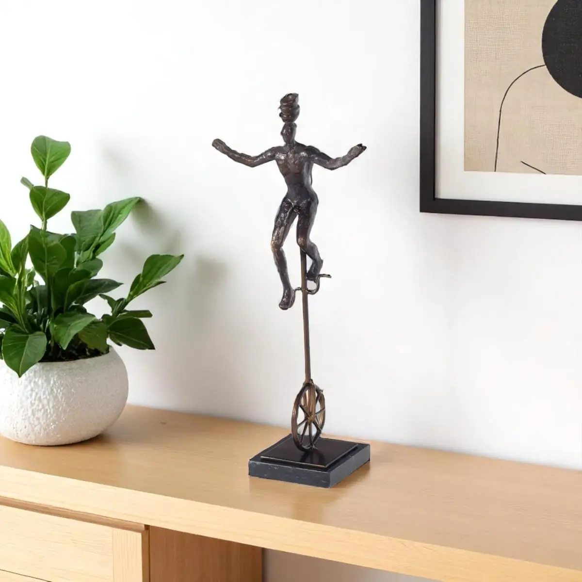 16 in. Bronze Resin Unicycle Man Tabletop Sculpture - 360 Rotating Stand, Geometric Modern Table Centerpiece, Metallic Marble Home Decor, Ideal Room Gift for Home Supplies, Collectibles