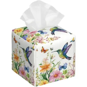 Spring Floral Hummingbird Tissue Box Cover   Florals Butterfly Square Leather Tissue Holder Decorative Facial Tissue Cube Paper Cover Case Organizer for Bathroom Night Stands Desk