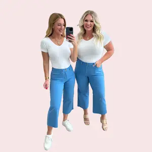 Judy Blue Tummy Control High Waist Wide Leg Crop Jeans in Sky Blue 88843 Stretchy Comfort Cotton Denim Womenswear Bottom