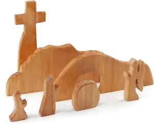 7pcs/Set Empty Tomb Easter Scene and Cross Decoration, Wooden Easter Resurrection Scenes Cross Jesus Tomb Tray Set, Jesus Nativity Scene Decor for Religious Decorations,Shelf Decor
