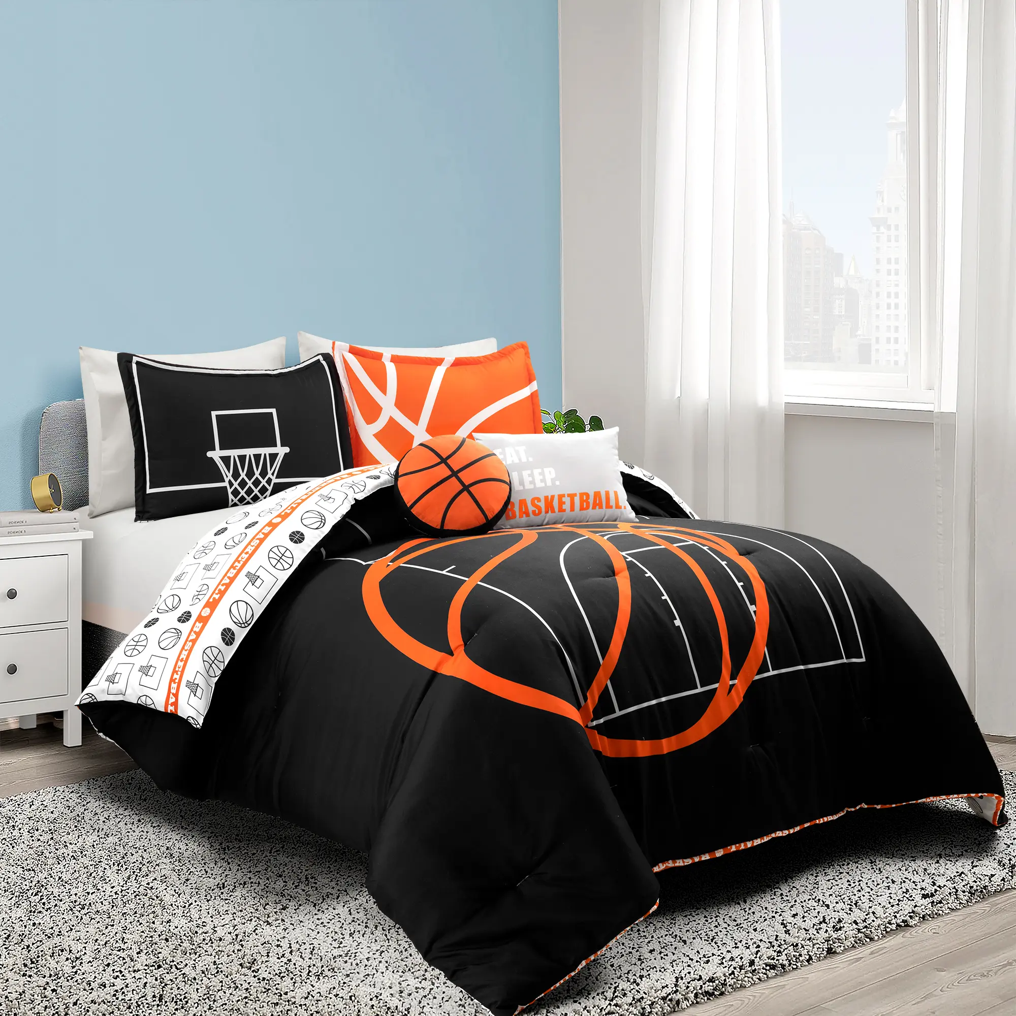 Lush Decor Basketball Game Reversible Oversized Comforter 4/5Pc Set, Bright Print Bedding Sets Collections for Youth Fans - Soft Microfiber Bedding with Court Graphic, Sports Theme Decorative Pillows