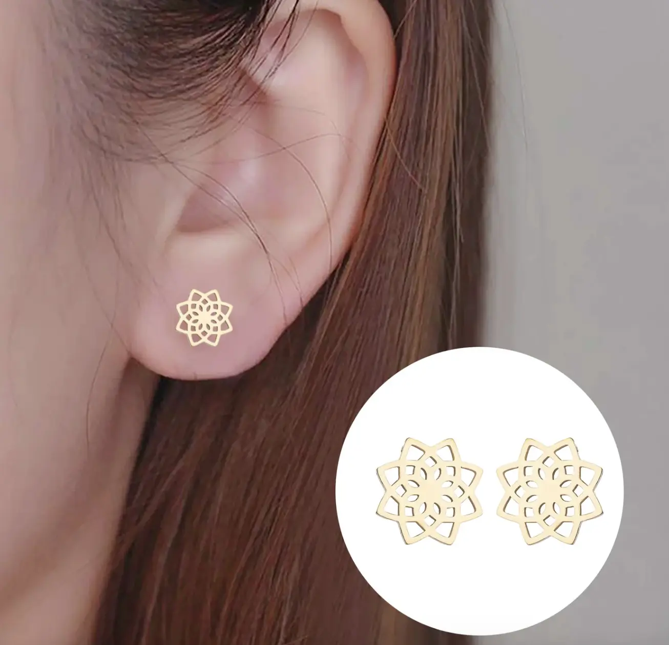 Titanium Mandala Lotus Stud Earrings for Sensitive Ears | Hypoallergenic | Waterproof