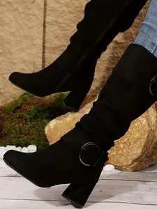 Women's Fashion Round Toe Buckle Mid-Calf Boots, Side Zipper Horsebit Heel, Stylish Casual Shoes for Daily Wear