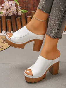 Women's Fashion Multi-Color Summer Outdoor Thick Sole Mules High Heel Sandals, Square Toe, Cone Heel, Anti-Slip Wooden Texture, Perfect for Short Stature Footwear
