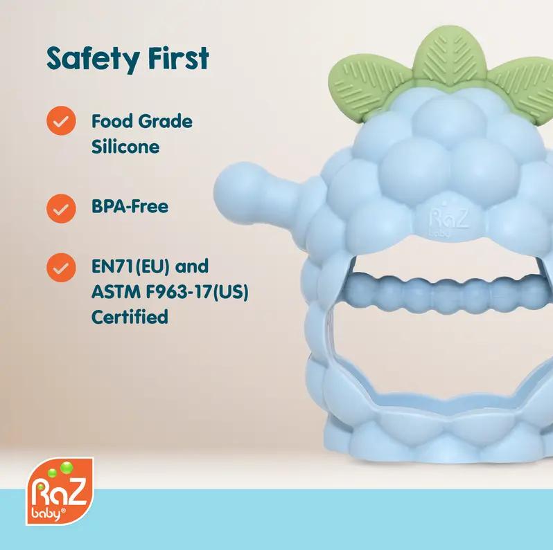 RaZbaby RaZberry Grip Silicone Teether Toy for 3M+ Babies & Infants - Drop Resistant, Non-Toxic, Multi-Textured Design for Front and Back Teeth