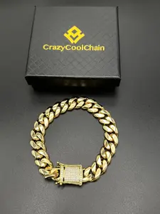 14mm Gold Plated Miami Hip Hop Cuban Bracelet, Cuban Link Bracelet, Durable 5 Layered Design, Zirconia Clasp, High-Quality Jewelry Accessory
