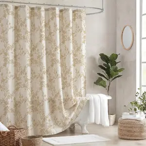 Floral Beige Linen Shower Curtain Rustic Vintage Boho Farmhouse Shower Curtain for Bathroom French Country Cottagecore