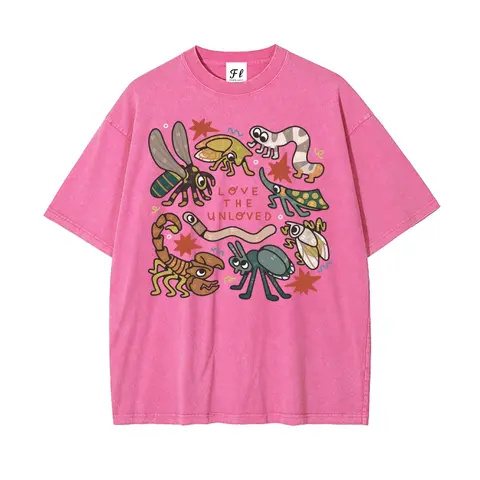 Men's Vintage Washed 100% Cotton Graphic T-Shirt - Mensfashion Casual Clothing Top, Retro "Love The Unloved" Insect Print, Unisex Oversize Street Fit, Snowflake Texture Fabric, Round Neck Short Sleeve Shirt