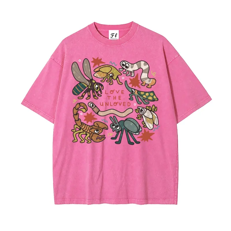 Men's Vintage Washed 100% Cotton Graphic T-Shirt - Mensfashion Casual Clothing Top, Retro "Love The Unloved" Insect Print, Unisex Oversize Street Fit, Snowflake Texture Fabric, Round Neck Short Sleeve Shirt