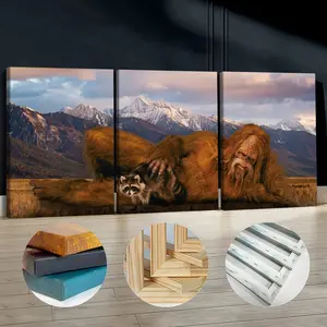 3Pcs Wooden Framed Canvas Painting, Bigfoot And Raccoon In Mountain Scene Images, Exquisite Poster, Home Decoration, Pattern Wall Art Decor, For Living Room, Bedroom, Office, Restaurant, Bar Wall Decor, Waterproof, Odorless, Painting, Print Artwork.
