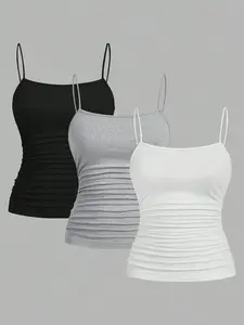 Women's Solid Color Ribbed Tank Top, Casual Fitted Sleeveless Spaghetti Strap Top for Spring & Fall, Ladies Clothes for Daily Wear