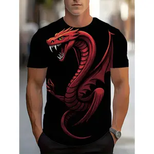 Men's Stylish 3D Red Cobra Graphic Polyester T-Shirt - Colorful Stylized Snake with Flared Hood on Black Background, Bold Shortsleeve Round Neck Menswear Tee for Casual Edgy Streetwear