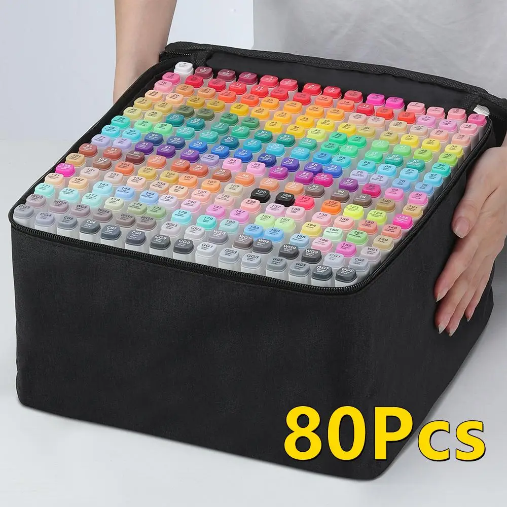 60/80 Colors Marker, 1 Set Portable Dual Tip Bullet & Chisel Art Marker Set with Bag, Crafts Art Supplies for Coloring, Drawing, Blending and Sketchin