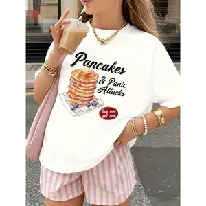 Women's 100% Oversized "Pancakes Panic Attacks" T-Shirt - Cute Pancake & -Themed Print, Breathable Summer Casual Top, Beach, Casual Attire - Funny Gift Idea for & Women (White)