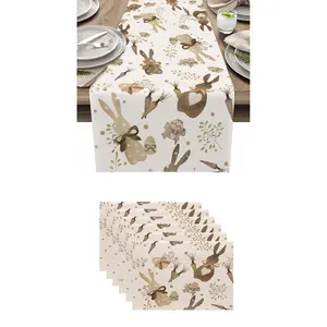 7pcs,Easter Table Runner Set, Rabbit Eucalyptus Egg Carrot Design, Seasonal Spring Kitchen Decor, Family Gathering Decoration