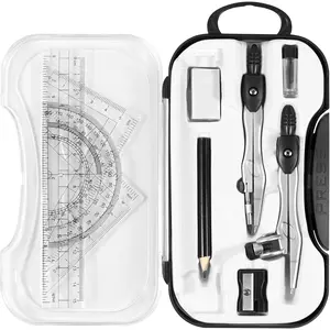 Unjoo Math Geometry Kit Sets 10 Piece Student Supplies with Shatterproof Storage Box,Includes Rulers,Protractor,Compass,Eraser,Pencil Sharpener,Lead Refills,Pencil,for Drafting and Drawings（Black）