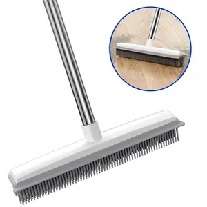 Pet Hair Removal Broom, Home Cleaning Tool, 1 Count Long Handle Broom with Rubber Brush & Squeegee, Portable Design Carpet Rake and Floor Brush for Hard Wood, Tile and Window