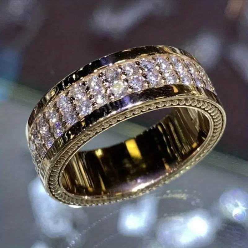 Golden Plated Bridal Ring, Unisex Double Row Shiny Synthetic Zirconia Band for Weddings & Anniversaries, Luxury Costume Jewelry, Synthetic Zirconia Ring, Cubic Zirconia Rings