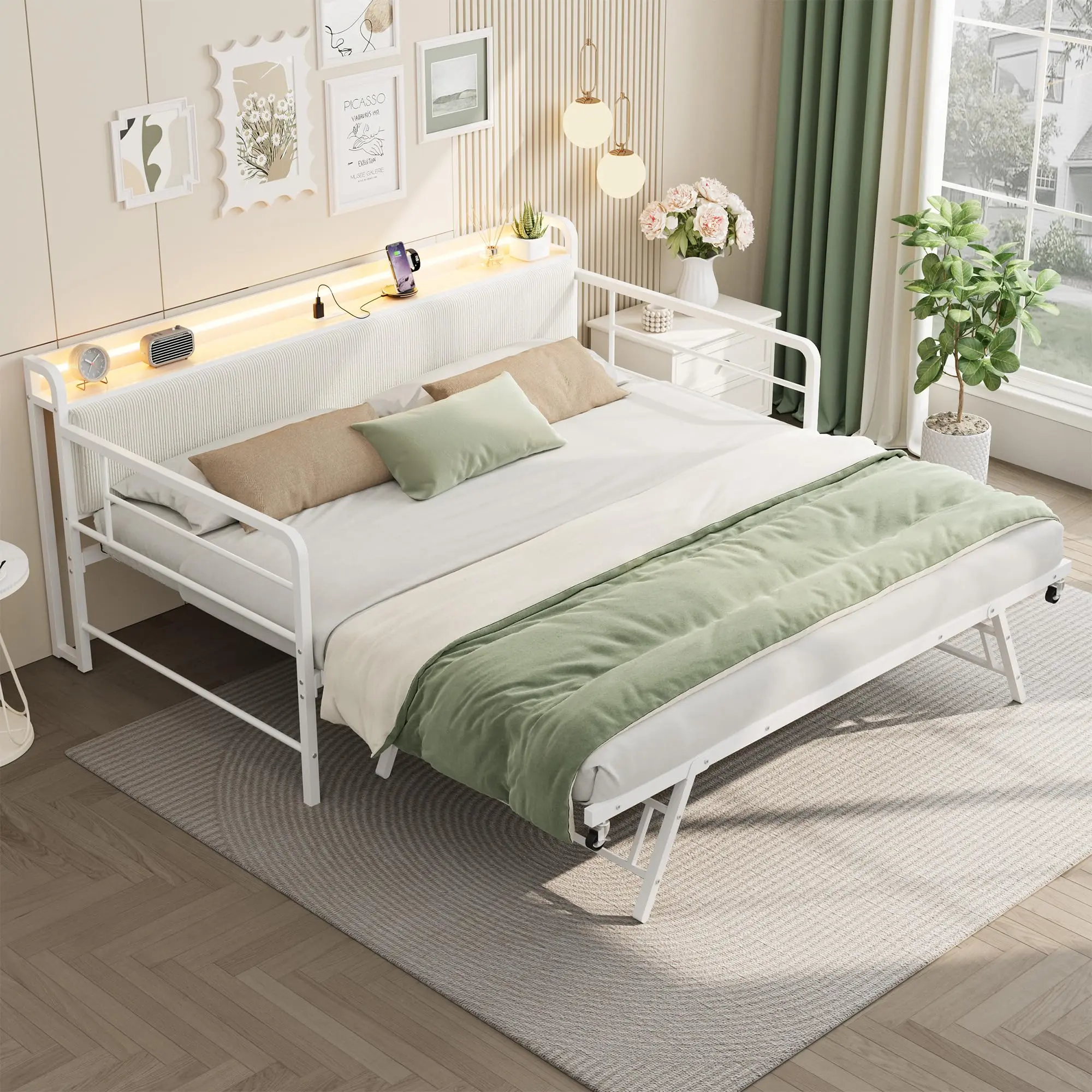 White Twin Daybed with Pop Up Trundle, Heavy Duty Metal Frame, LED Lights & Charging Station, Corduroy Upholstered Storage Headboard for Living Room, Bedroom