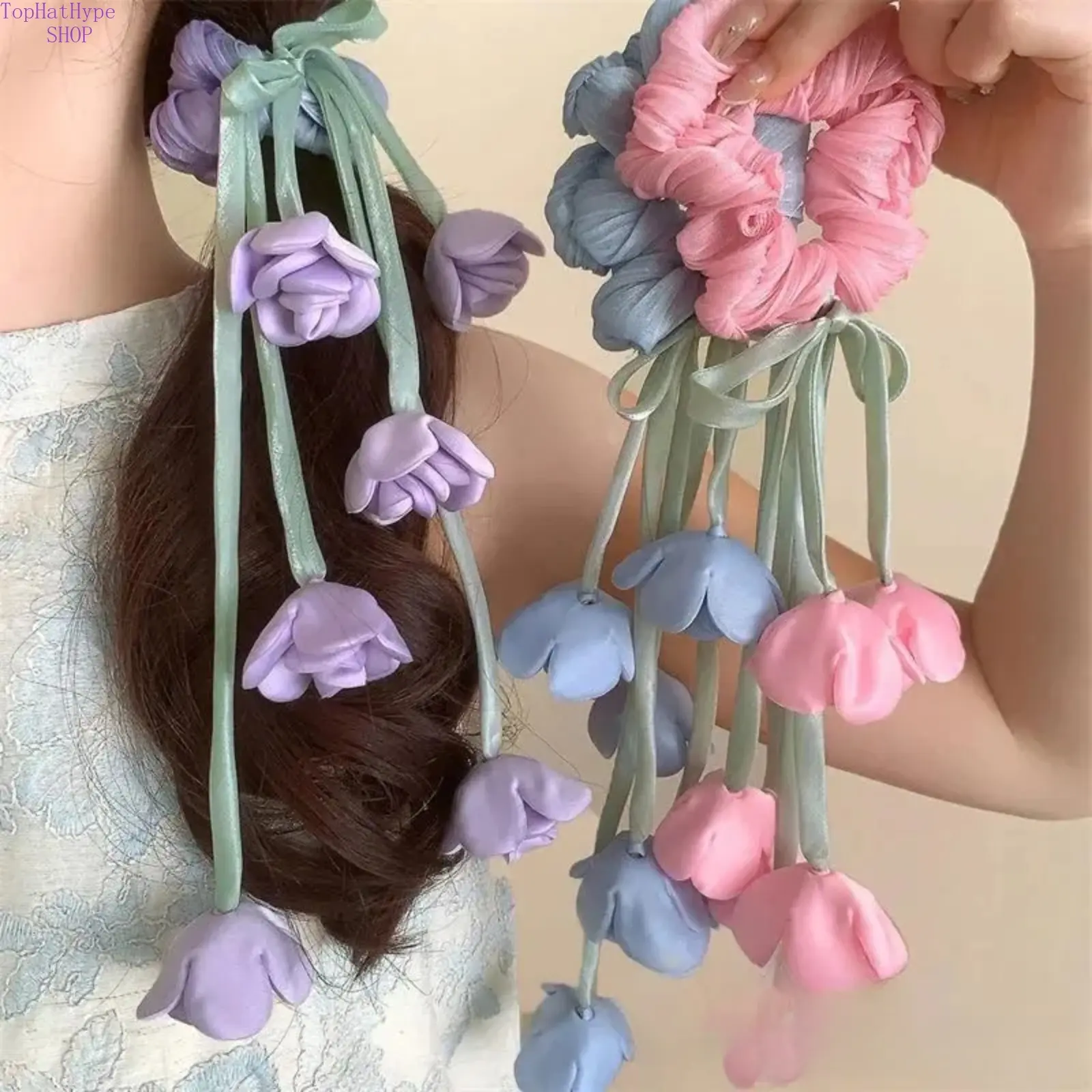 Lily of the Valley & Tulip Flower Scrunchies, Elegant Tassel Ribbon Hair Ties, Floral Fairy Hair Accessories for Ponytails, Spring & Summer Hair Rope for Daily Wear & Outings