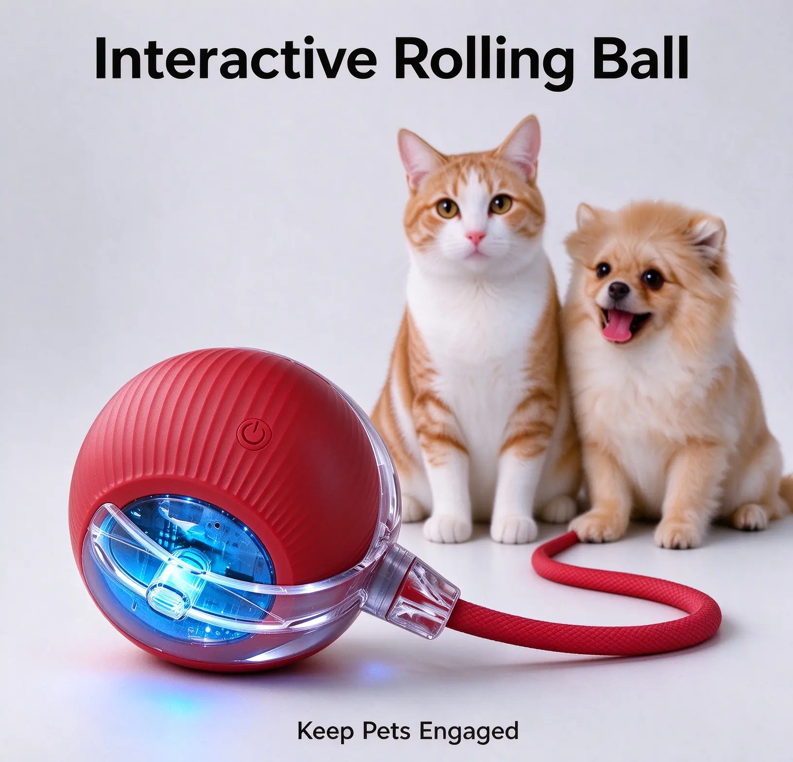 Rechargeable Interactive Rolling Pet Toy Ball, Automatic Moving Play Ball with Rope for Cats & Small Dogs Indoor Play