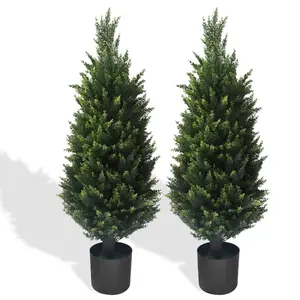 2 Pack 37Inch Artificial Cedar Topiary Trees, UV Protection Potted Shrubs for Front Door, Durable 5" Wide Heavy Duty Pots for Outdoor & Indoor Decor Decorative Ornaments