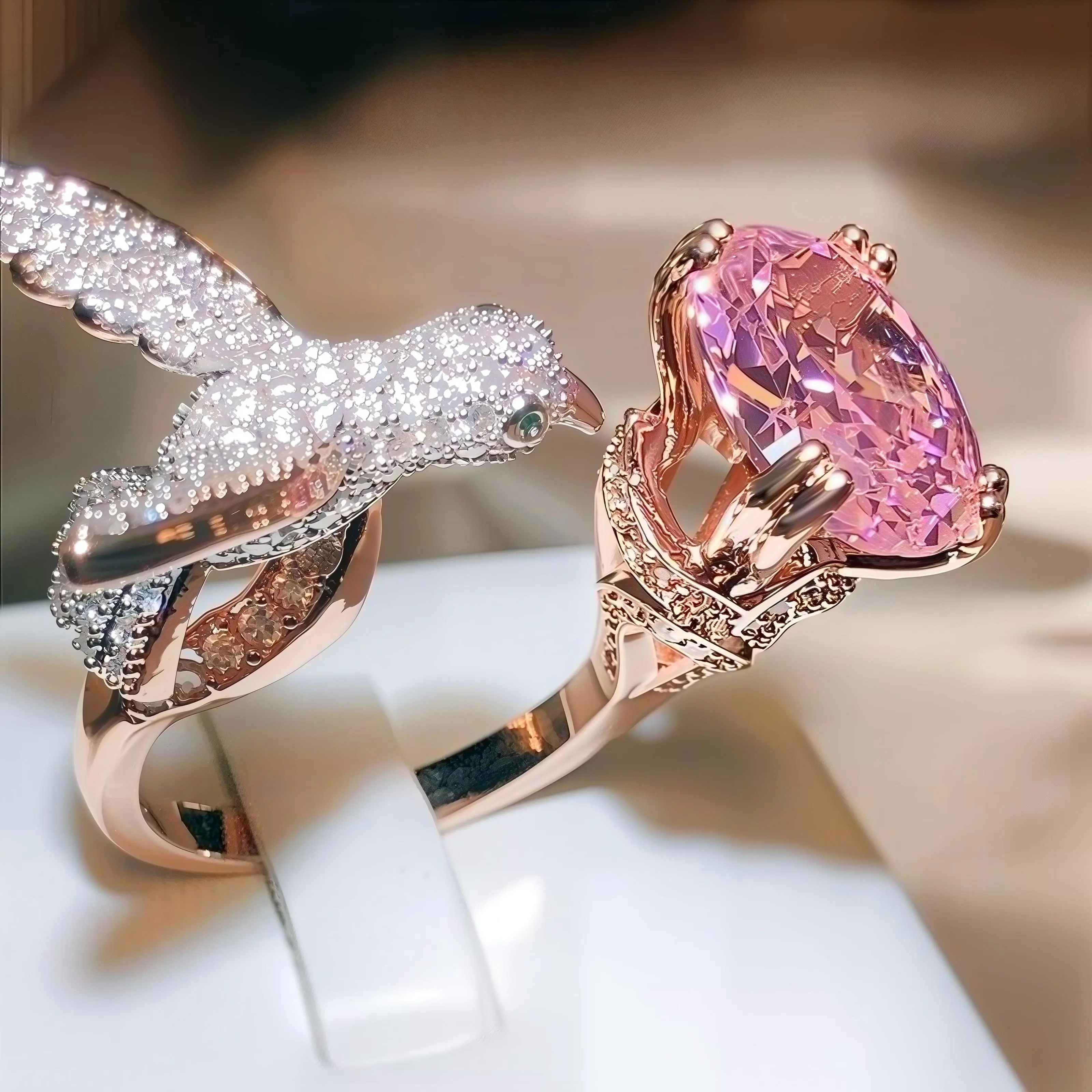 Sweet Pink Cubic Zirconia Hummingbird Open Ring - Elegant Daily Personalized Jewelry Accessory for Women Elevate Looks Adjustable Open Rings Statement Multi Ring