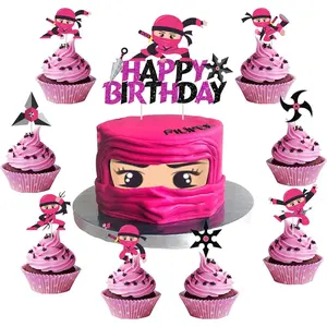 1Set 25 Pack Ninja Happy Birthday Cake Toppers Pink for Girls Warrior Ninja Master Theme Baby Shower Birthday Party Decorations